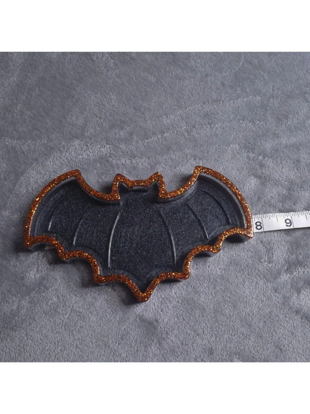 Black Bat Shaped Resin Tray Orange Glitter Trim Decorative Handmade Trinket Dish